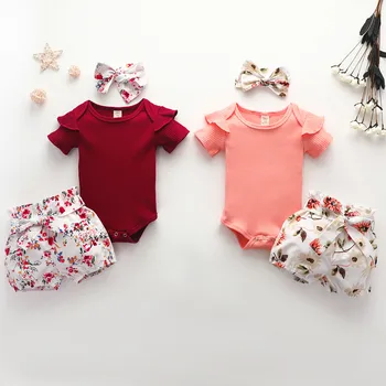

3Pcs Baby Girl Clothes Summer Solid Color Cotton Short Sleeve Romper Flower Pants Headband Outfits Set Newborn Infant Clothing