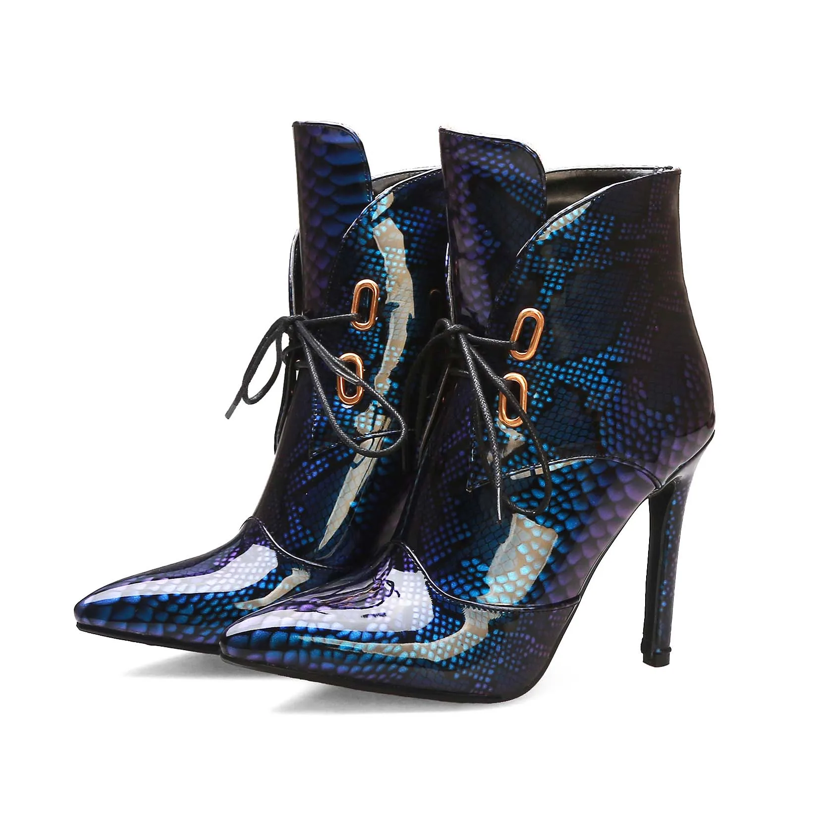 Blue Women Boots Print Snake Patent Leather Ankle Boots Women Pointed Toe Thin High Heels Female Booties Party Shoes Women Size 44 - Цвет: Blue