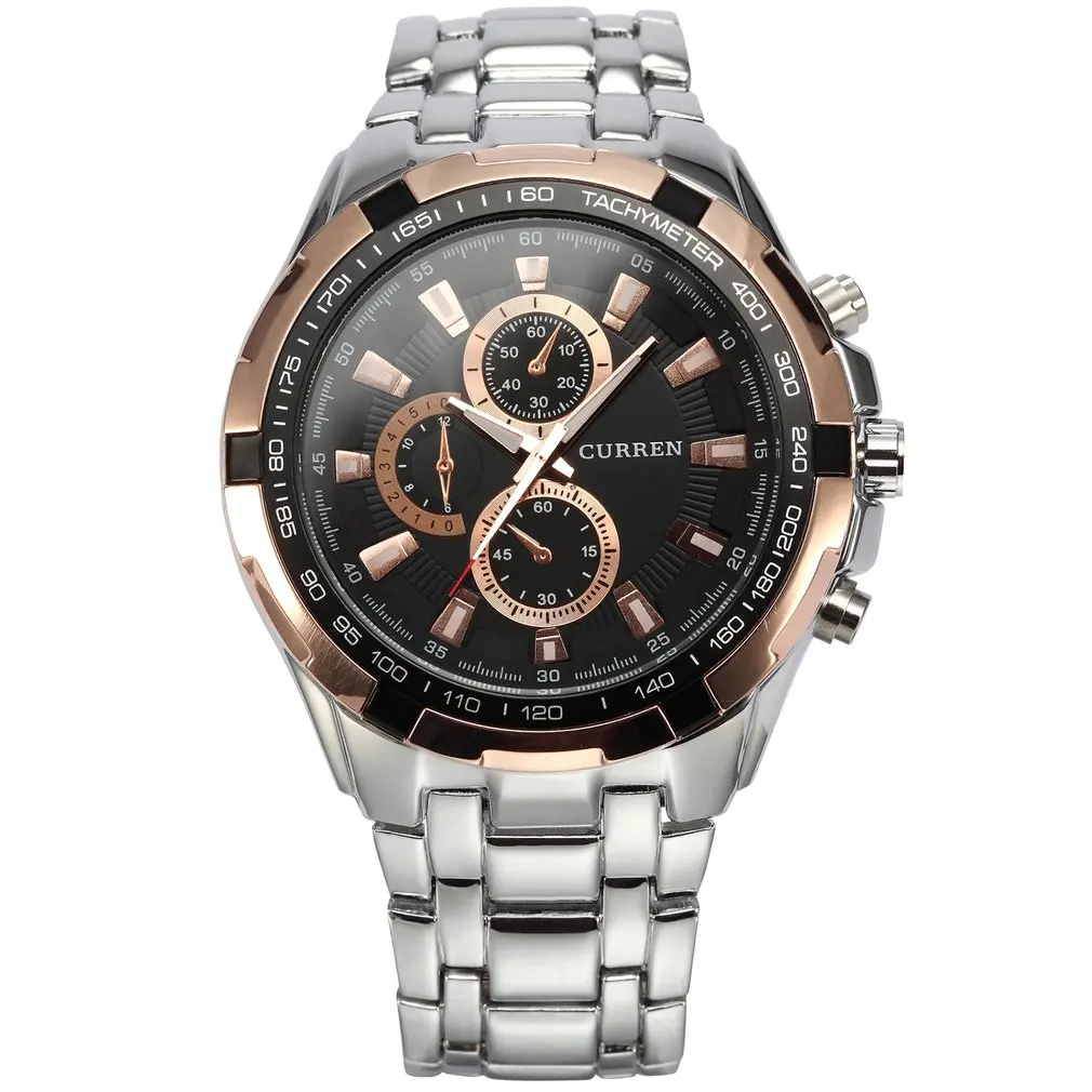 

8023 black shell black surface black steel belt three-eye quartz watch