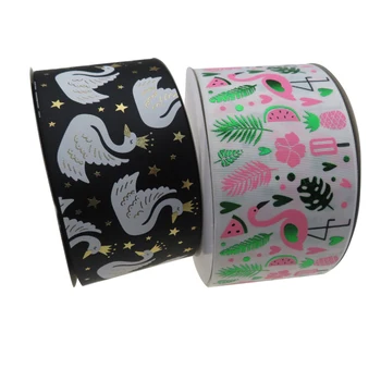 

BOCA new arrival 100 yards 3"75mm flamingo black swan printed foil hologram grosgrain ribbon for bows gift packing decoration