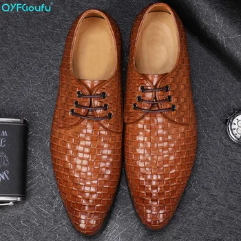 

QYFCIOUFU Fashion Dress Shoes Men Oxfords Luxury Italian Brand Male Weaving Formal Shoes Genuine Cow Leather Wedding Shoes