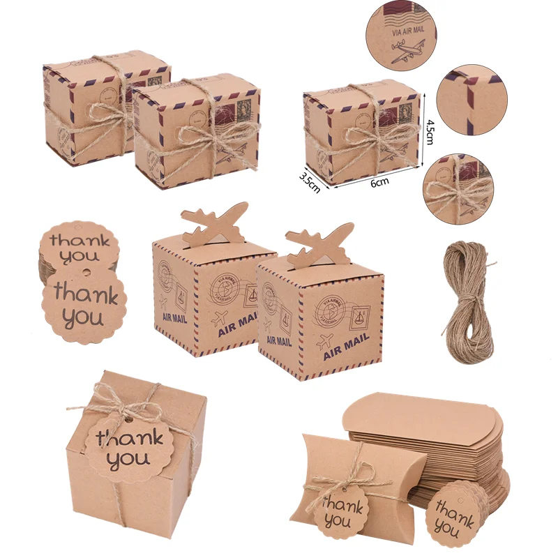 

10/20/30Pcs Square Pillow Paper Cookie Candy Boxes With Tag Thank You Birthday Wedding Favors Candy Packaging Decor Supplies