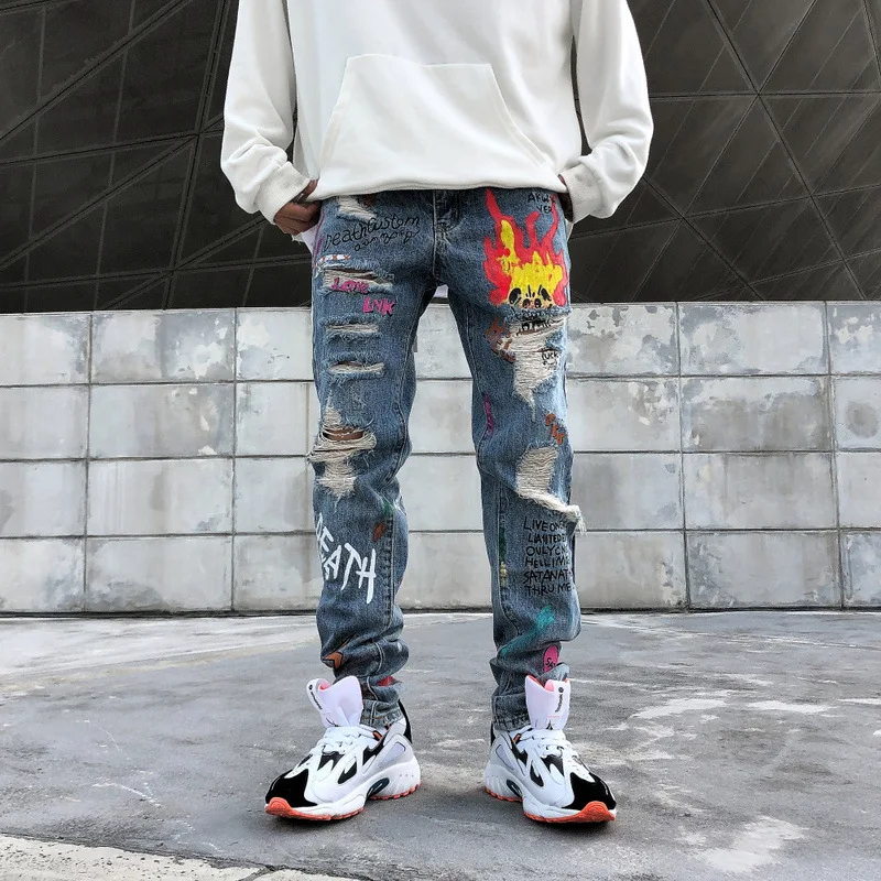 

ABOORUN Hip Hop Graffiti Printed Jeans Men's Broken Hole Jeans Streetwear Personality Long Pencil Jeans for Male