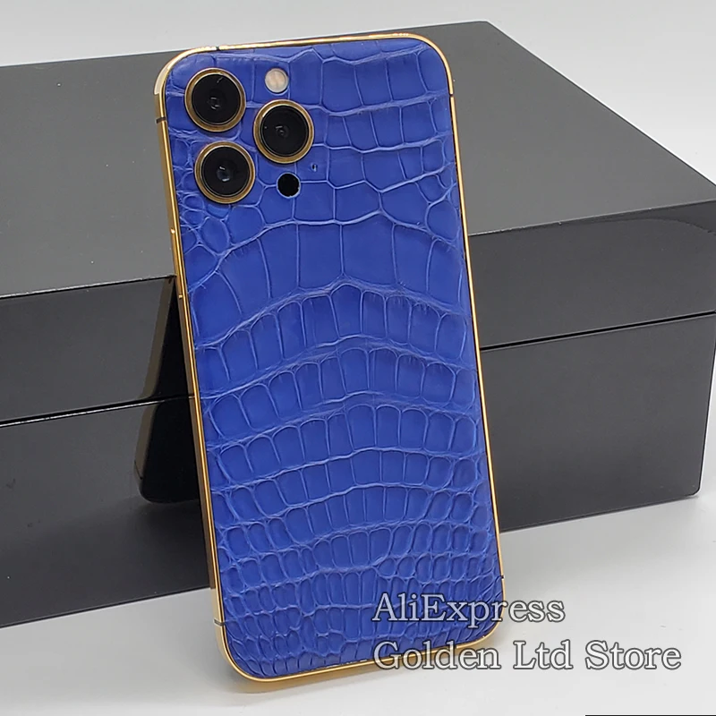 

For Phone 13Pro Max 24K Gold Crocodile skin housing leather blue Limited edition 12Pro 11 back cover Middle Frame with logo