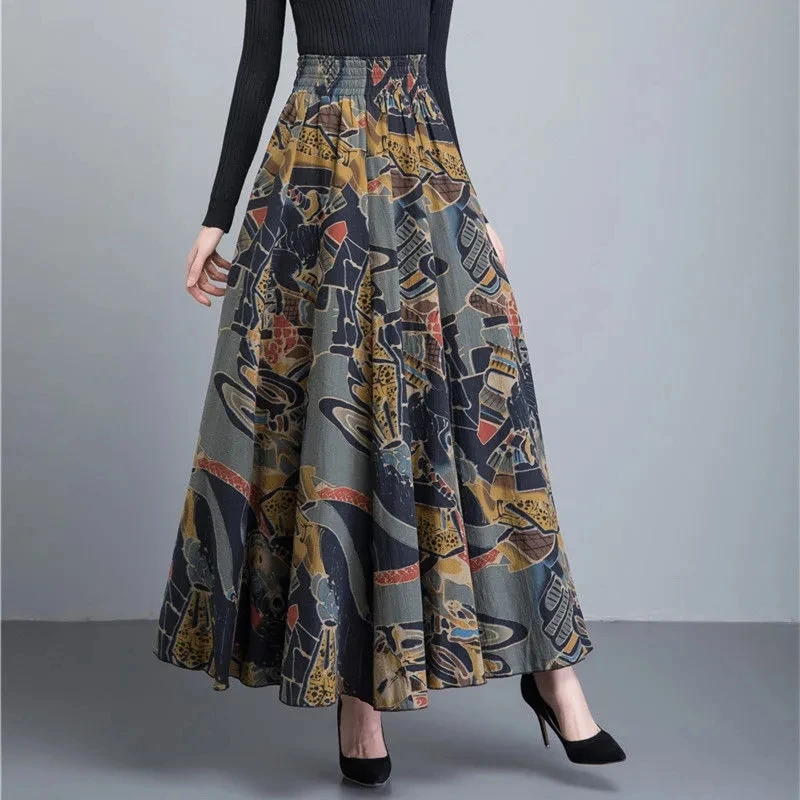 Autumn 2021Women New National Style Cotton Linen Skirt With Big Hem Solid Color Dancing Dress High Waist A-line Female SkirtA472 black leather skirt Skirts