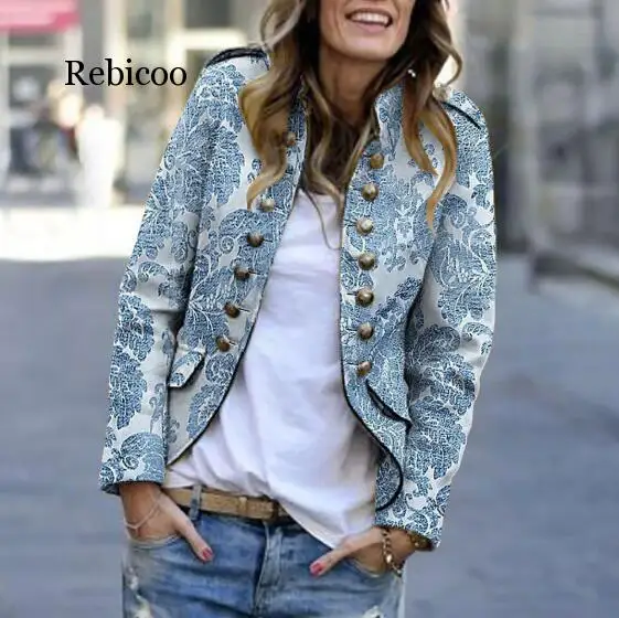 

Women Autumn Print outerwear coats Fashion Button Long Sleeve Double-Breasted Coat Office Lady Slim Coats for Women