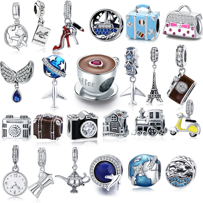 925 Sterling Silver Berloque Family House Eiffel Tower Camera Travel Dream Coffee Cup Shoes Charm Fit Charm Bracelet DIY Jewelry