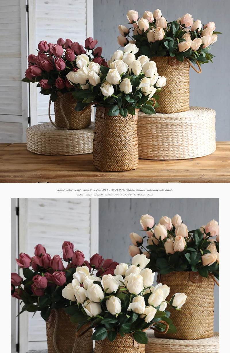 JAROWN Artificial Flower 9 Head Rose Bouquet Continental Retro Fake Flower Wedding Home Decoration Bouquet Rose Bud Flores (13)