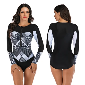 

rash guard long sleeve One Piece Swimsuit Women Swimwear Zipper High Neck black Surfing Suit Dive Bodysuit UV Protect Beachwear