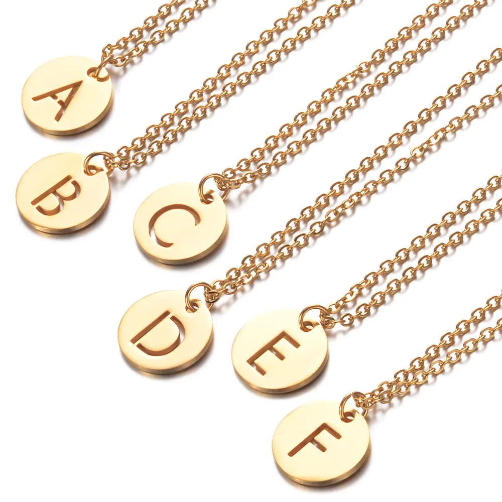 

High Quality Stainless Steel 26 Letters Initial Necklace Gold Silver Tone Alphabet Disc Pendant Long Chain Necklace for Women