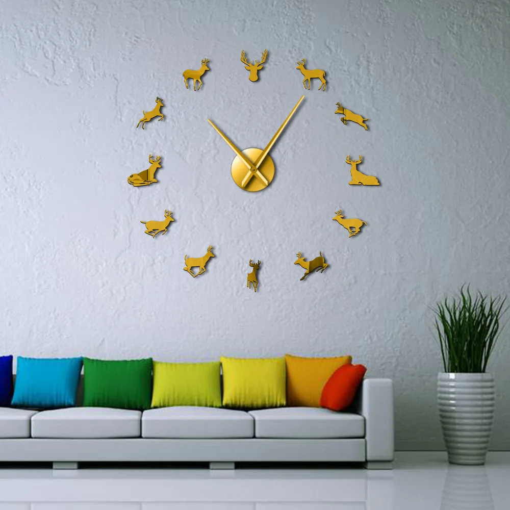 DIY Deer Head Giant Wall Clock Woodland Deer Hunter Modern Deer Antler Wall Clock Acrylic Mirror Effect Animals Home Decorations