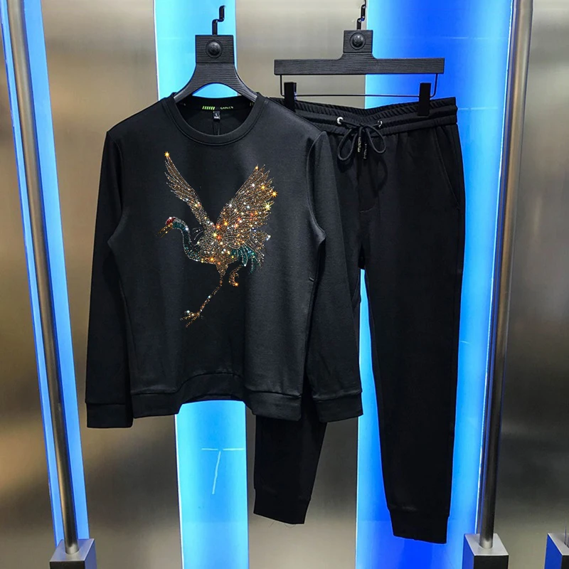 Trendy Brand Winter Hot Diamond Shiny Men's Track Suit Pants + Hoodie/Cotton Fabric Streetwear Comfortable Sweatshirt