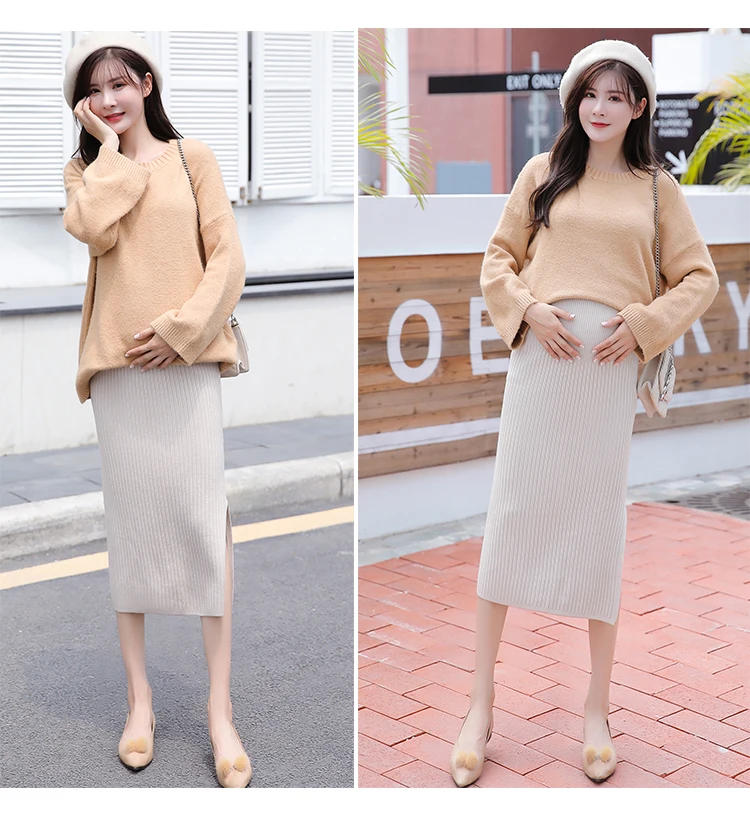 Maternity wear knitted Half body skirt autumn and winter stomach lift bag hip step skirt in the long section of pregnant women w