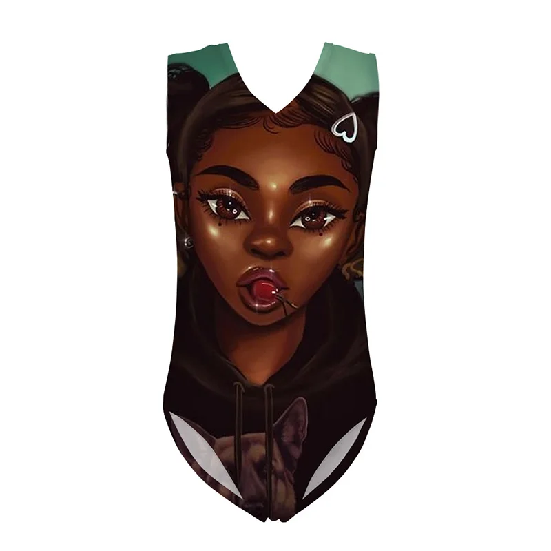 

HYCOOL African Black Girl Wear Dog Coat Pattern Sport Swimwear Children One Piece Swimsuit Student Girls Bathing Swimming Suit