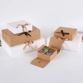 

10pcs/lot Natural Kraft Paper Box Gift Packing Box Brown Ribbon Cookie Boxes Packaging for Sweets Candy Puffs Box Present Carton