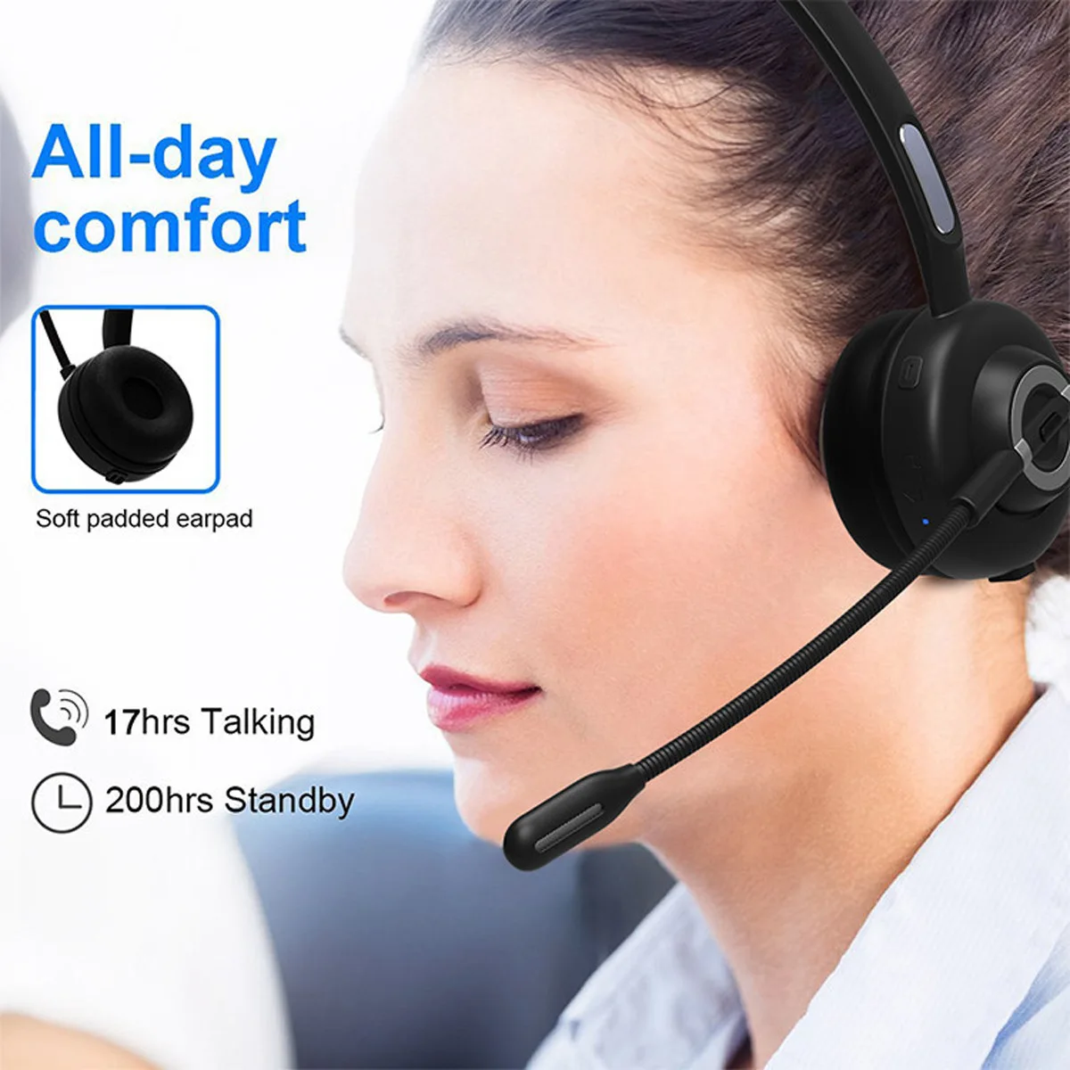M97 Bluetooth 5 0 Headset Wireless Earpiece with Microphone Over The Head Headphones with Noise Cancelling