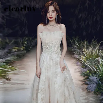 

Champagne A-Line Robe De Soiree DR388 Strapless Boat Neck Evening Gowns Sleeveless Women Party Dresses Lace Up Formal Vestidos