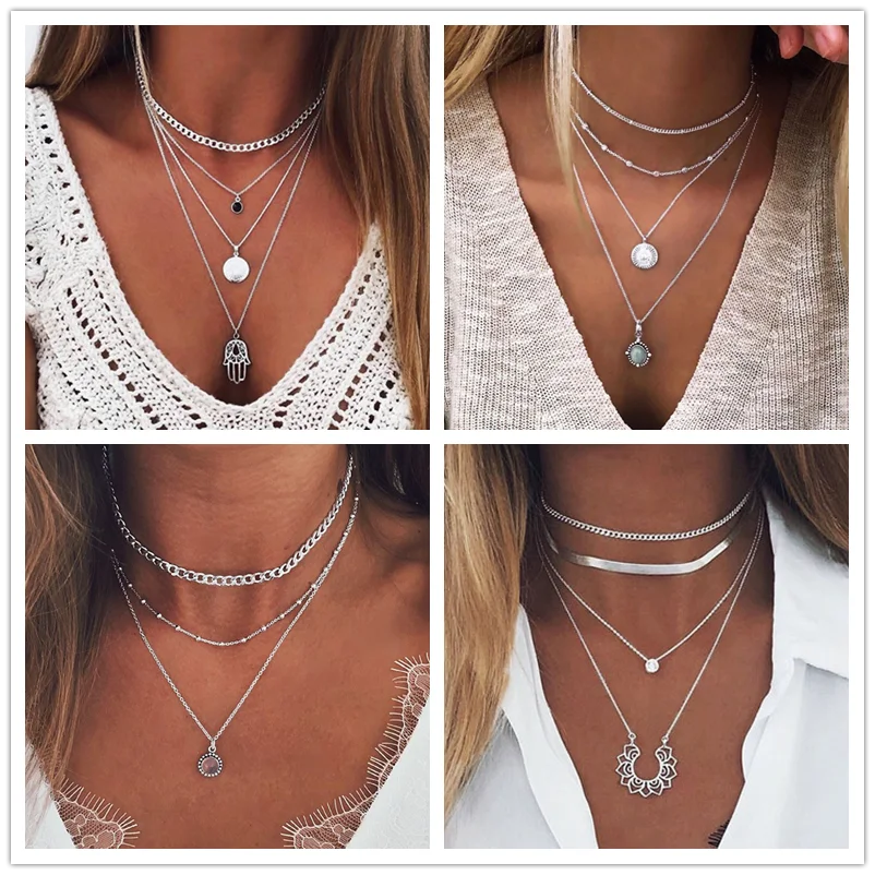 Tenande Vintage Mehrschichtige Party-Schmuckketten mit Blättern, Sternen, Hamsa-Hand und Mond für Damen - Trendige Bijouterie