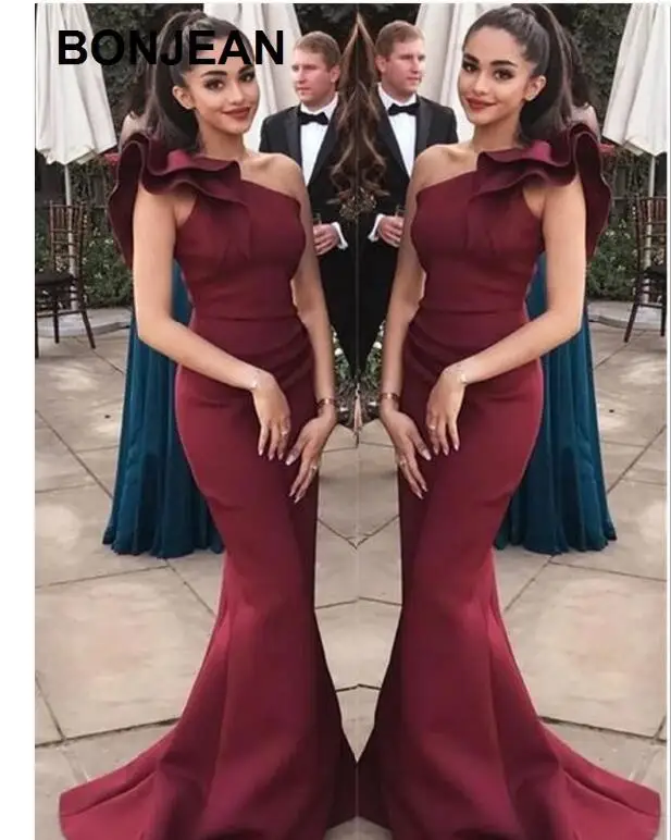 as picture Бордовые платья подружек невесты, атласное платье русалки на одно плечо, платье подружки невесты без рукавов для подростков, свадебное платье - Цвет: as picture
