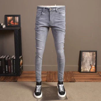 

Fashion Men Gray Jeans Summer Streetwear Stretch Slim Fit Jean Pants