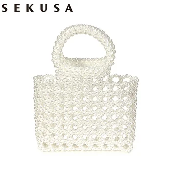 

SEKUSA New bucket beaded women evening bags with handle handbags pearl embroidery holder purse