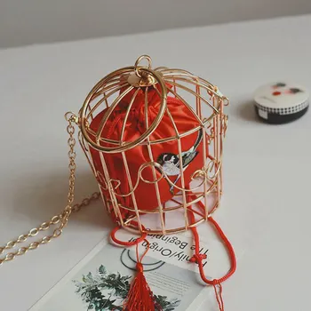 

Personality Bird Cage Women Handbag Tote Metal Cage Girls Top-Handle Bags Coin Purse Fashion Party Pouch Tassel Clutch Red