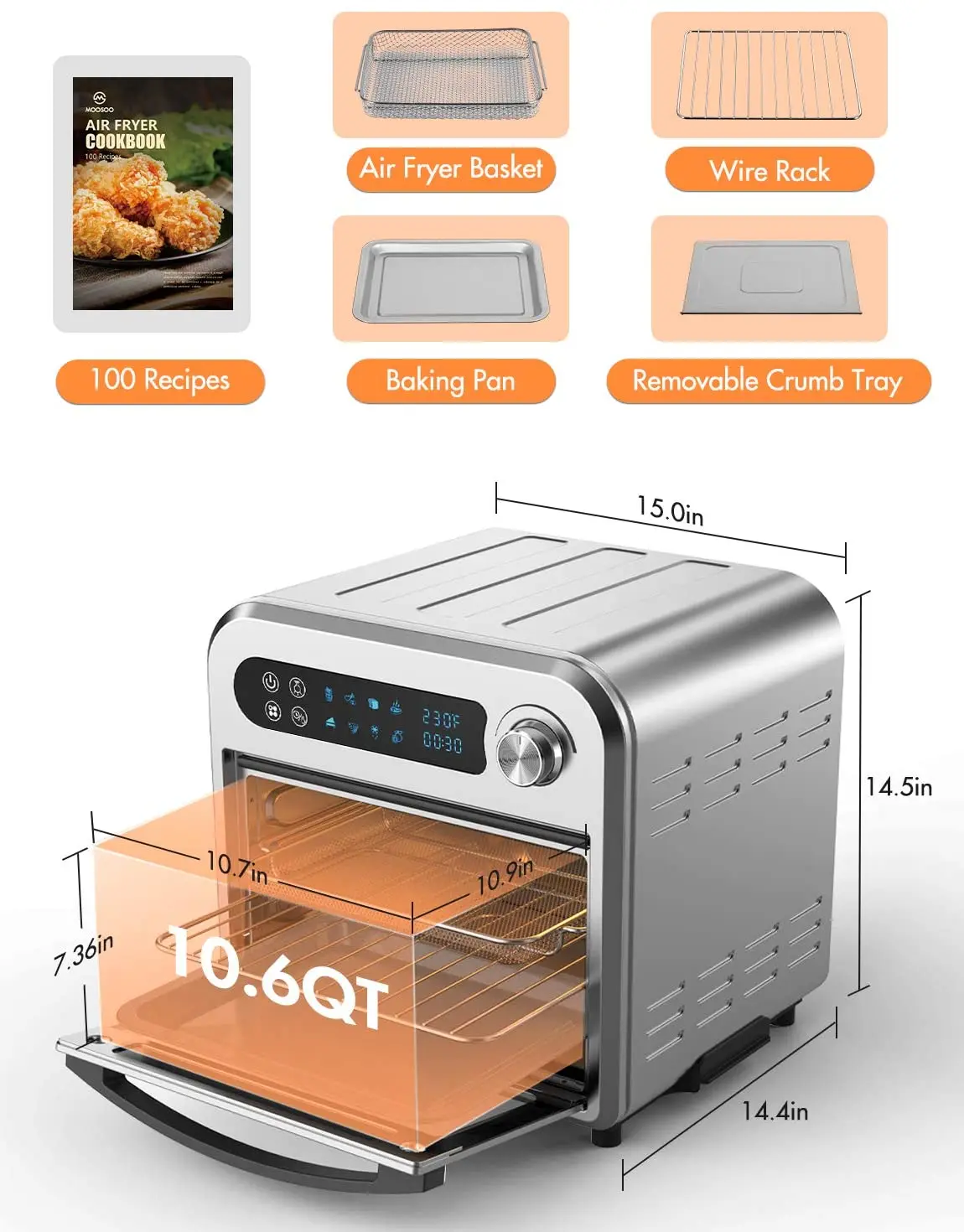 MOOSOO Air Fryer Oven 10.6 QT Air Fryer Toaster Oven Combo with Digital Screen 8 in 1 Convection Oven Mechanical Timer Control - Image 6