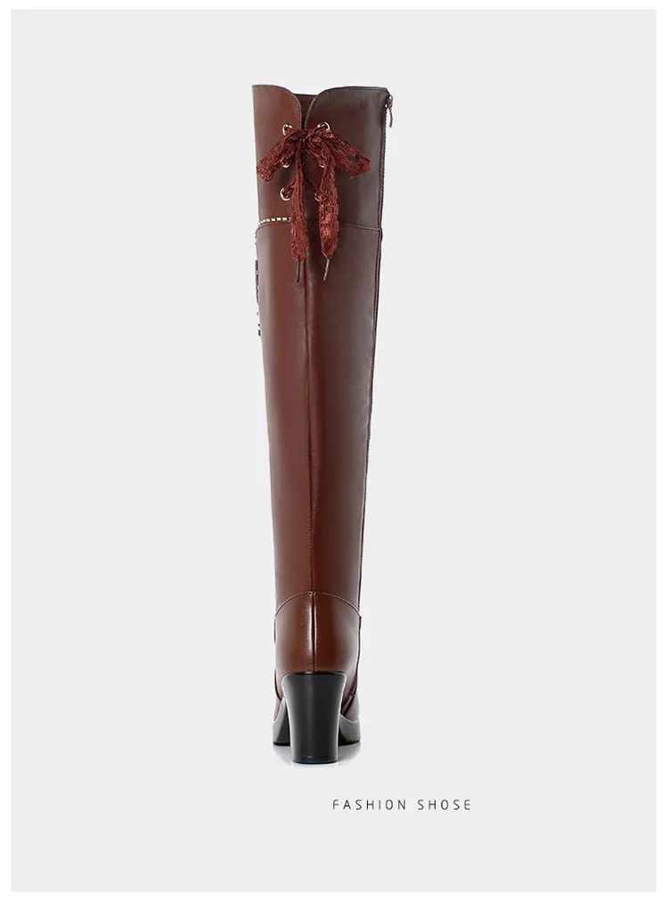 AIYUQI Womens Boots Thigh High Genuine Leather Rhinestone Platform High Heel Black Boots Women Winter Riding Boots