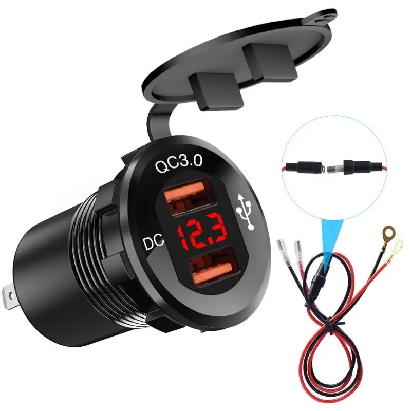 12V/24V Metal Waterproof Dual QC3.0 USB Fast Car Charger Power Outlet Voltmeter | Электроника
