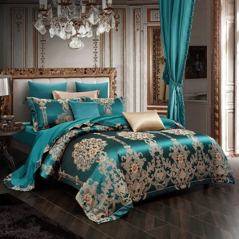 Dark Green Jacquard Duvet Cover Set 4Pcs Queen King Luxurious Satin