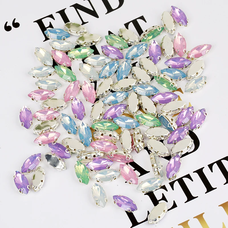 Sew On Rhinestones 30pcs Mixed Color Sliver Claw White Pink Blue Purple Opal Rhinestone Horse Eye Jewel Beads for Garment Accessories