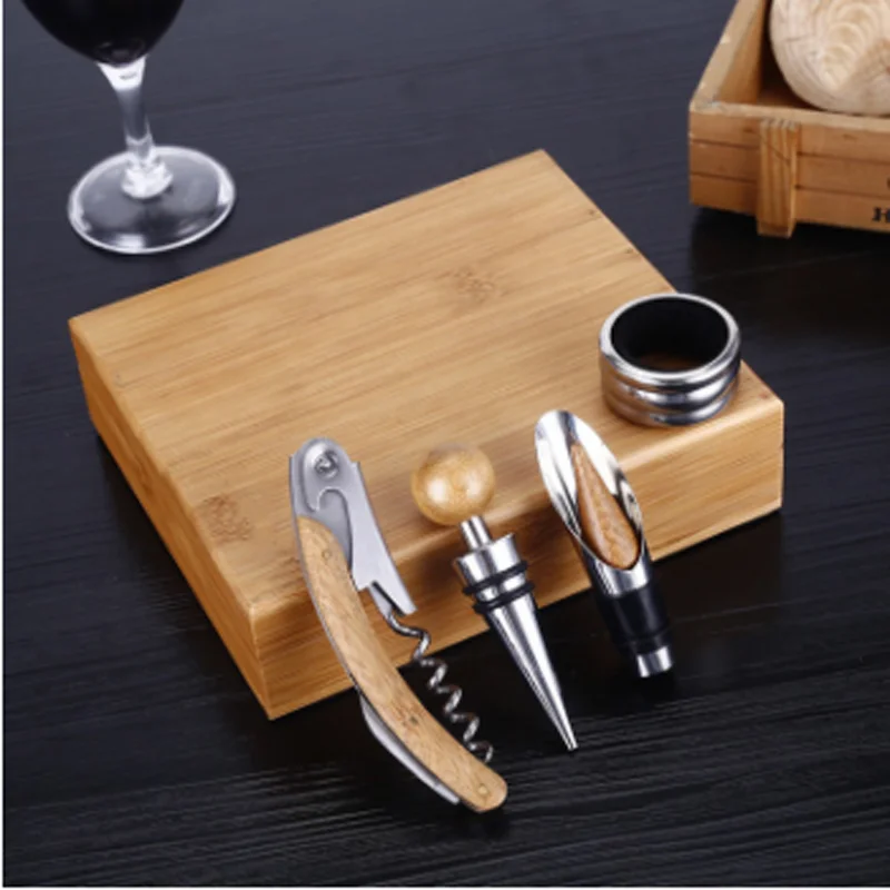 Premium Wine Tools Automatic Bottle Opener Corkscrew Bamboo Business Gift Sets For Wine Accessories 4pcs