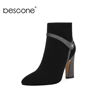 

Bescone Winter Mature Ankle Boots Woman Kid Suede Pointed Toe Winter Warm Super High Square Heel Dull Polish Crystal shoe BM614