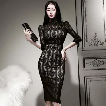 

Spring Lady Slim Knee-Length Korea Cloth 3/4 Sleeve Bodycon High Waist Full Lace Sexy Black Party Women Dress