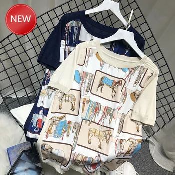 

Short Sleeve Print T-shirts Women European Print Knitted T-shirts Lady Casual Loose Short Sleeve Knitted Tops 2020 Summer