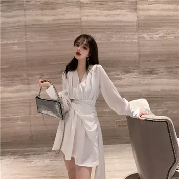 

Bohemian Style High Street Design Irregular Dresses Women V-neck Draped Waist 2020 Spring New mini Dress