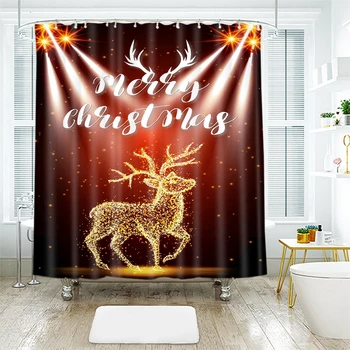 

3d Christmas Shower Curtains Golden Sika Deer Santa Claus Waterproof Thickened Bath Curtains for Bathroom Customizable