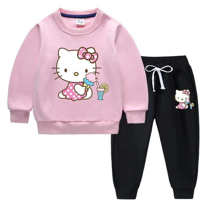 thumbnail image 1 of Hello Kitty estampado de dibujos animados para niños más suéter de terciopelo + pantalones gruesos ropa informal cálida de dos piezas para niños y niñas, 1 of 5