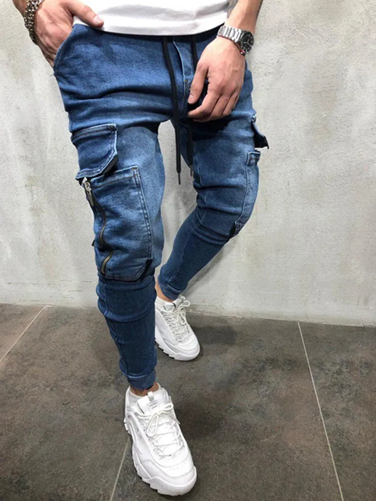 2020 модные джинсы мужские эластичные узкие со множеством карманов повседневные