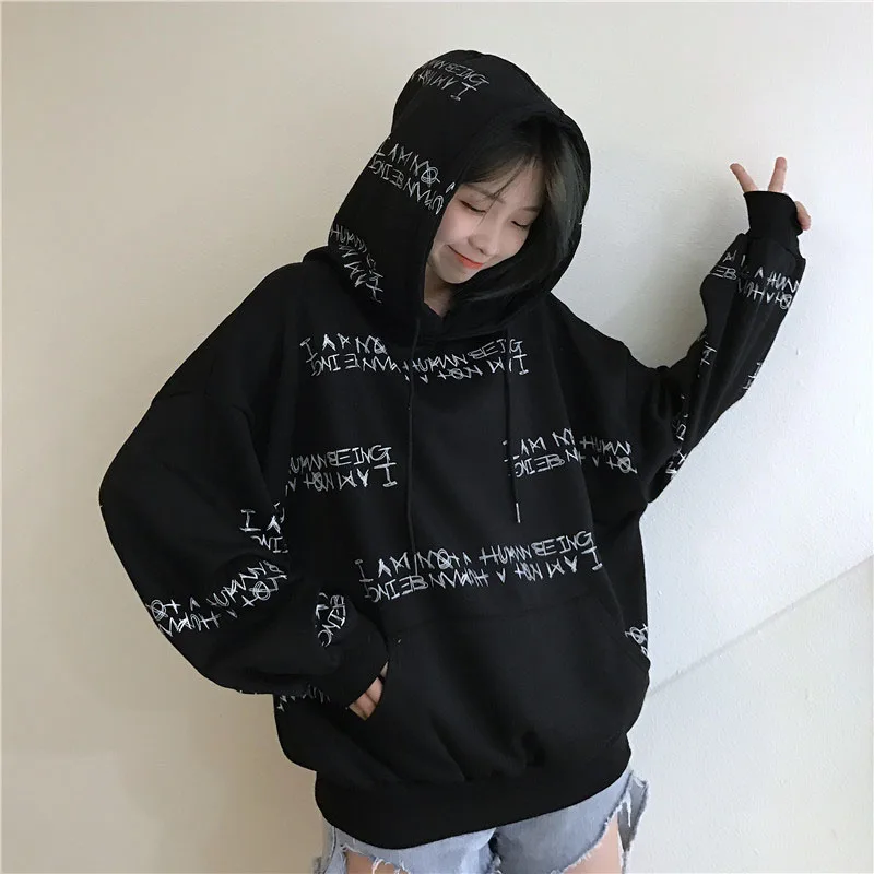  Autumn Winter Women's Sweatshirt Harajuku Letter Printing BF Long Sleeve Loose White Black Casual P