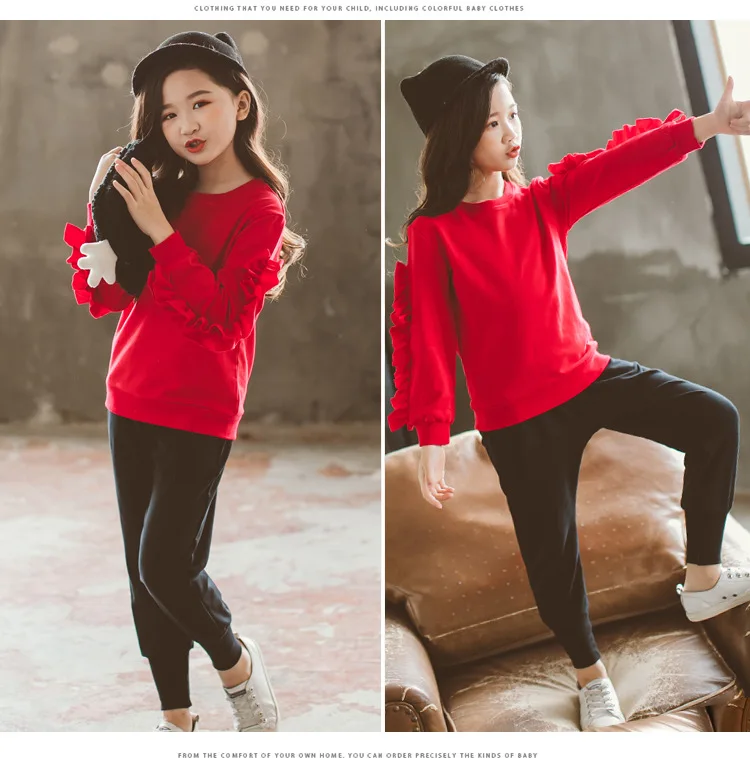Комплекты одежды для девочек осенне-зимняя модная детская одежда красного цвета милые повседневные футболки с длинными рукавами+ штаны для девочек 6, 8, 10, 12 лет