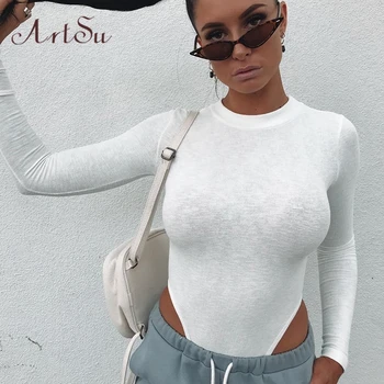 

ArtSu Casual White Solid Cotton Long Sleeve Jumpsuit High Waist Body Suit Women Sport Clothes Bodycon Jumpsuit Winter ASJU60485