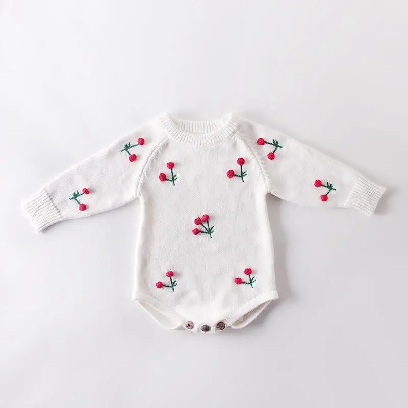 Ins/осенний стиль, Детский комбинезон с вишнями для новорожденных, розовый, милый, с длинными рукавами, вязаный шерстяной комбинезон, Цветочный наряд для маленьких девочек, одежда - Цвет: Beige
