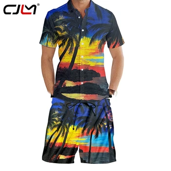

CJLM Men 2 Piece Set Hawaiian Shirt Set Casual Male Beach Wear coconut tree Shirt Hoodie trousers 3D Print Jogger Suit Plus Size