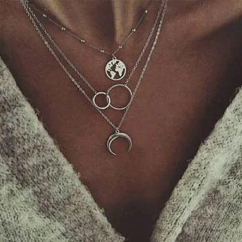 

3 Layed Choker Necklaces Chokers Colar Map Moon Necklaces Women Retro Chain Layered Metal Collier Femme Boho Jewelry