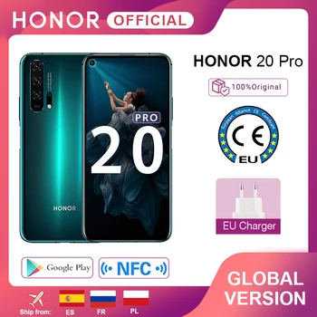 Перейти на Алиэкспресс и купить Смартфон Honor 20 Pro в наличии, Восьмиядерный процессор Kirin глобальная версия, 7 нм, 980 дюйма, 8 ГБ, 6,26 ГБ, 48 МП, четыре камеры, мобильный телефон Google ...