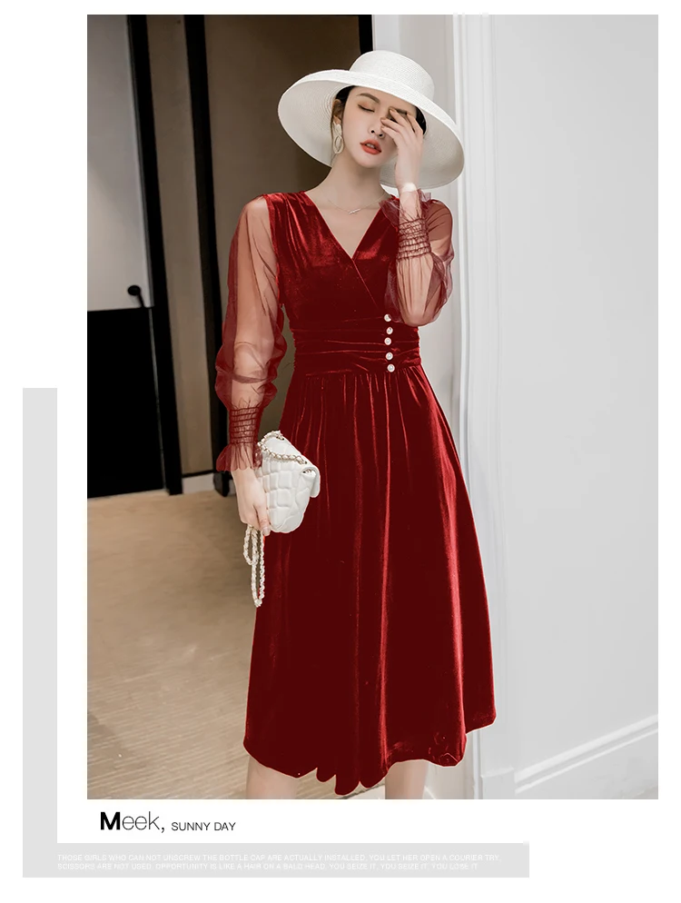 vintage christmas dress women high fashion clothing velvet party patchwork mesh dress wrap v neck long sleeve a line dresses