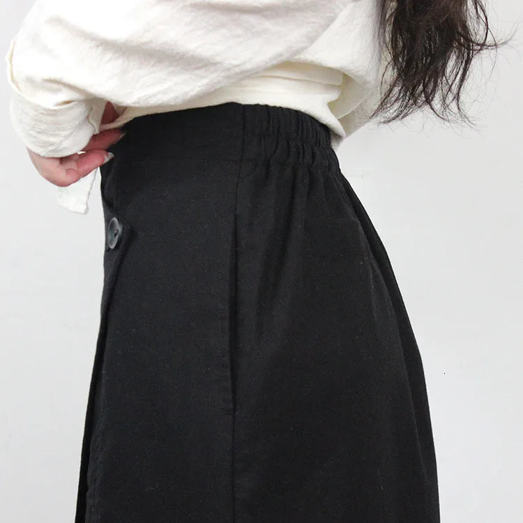 Fashion One Button Back Elastic Waist Wide Leg Pant Women Loose Asymmetric Pants Large Flare Hem Casual Trousers
