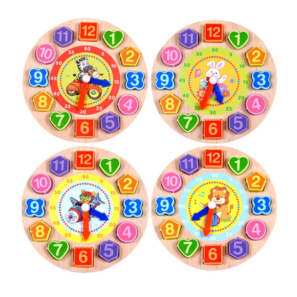 

1 Pcs/Set 4 Models Puzzles Digital Wooden Clock Animal Cartoon Educational Toy Colorful Geometric Shapes Recognition Toys