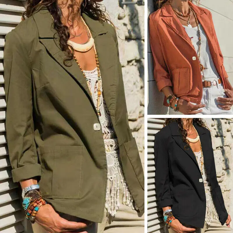 

2020 New Plus Size Women Button Lapel Blazer Suit Slim Casual OL Work Jacket Coat Single Button Solid Color Outwear Coats